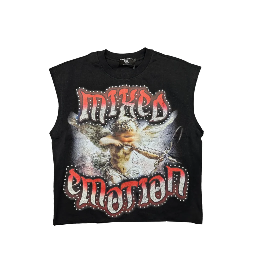 Mixed Emotion T Shirt black Angel sleeveless rhinestone