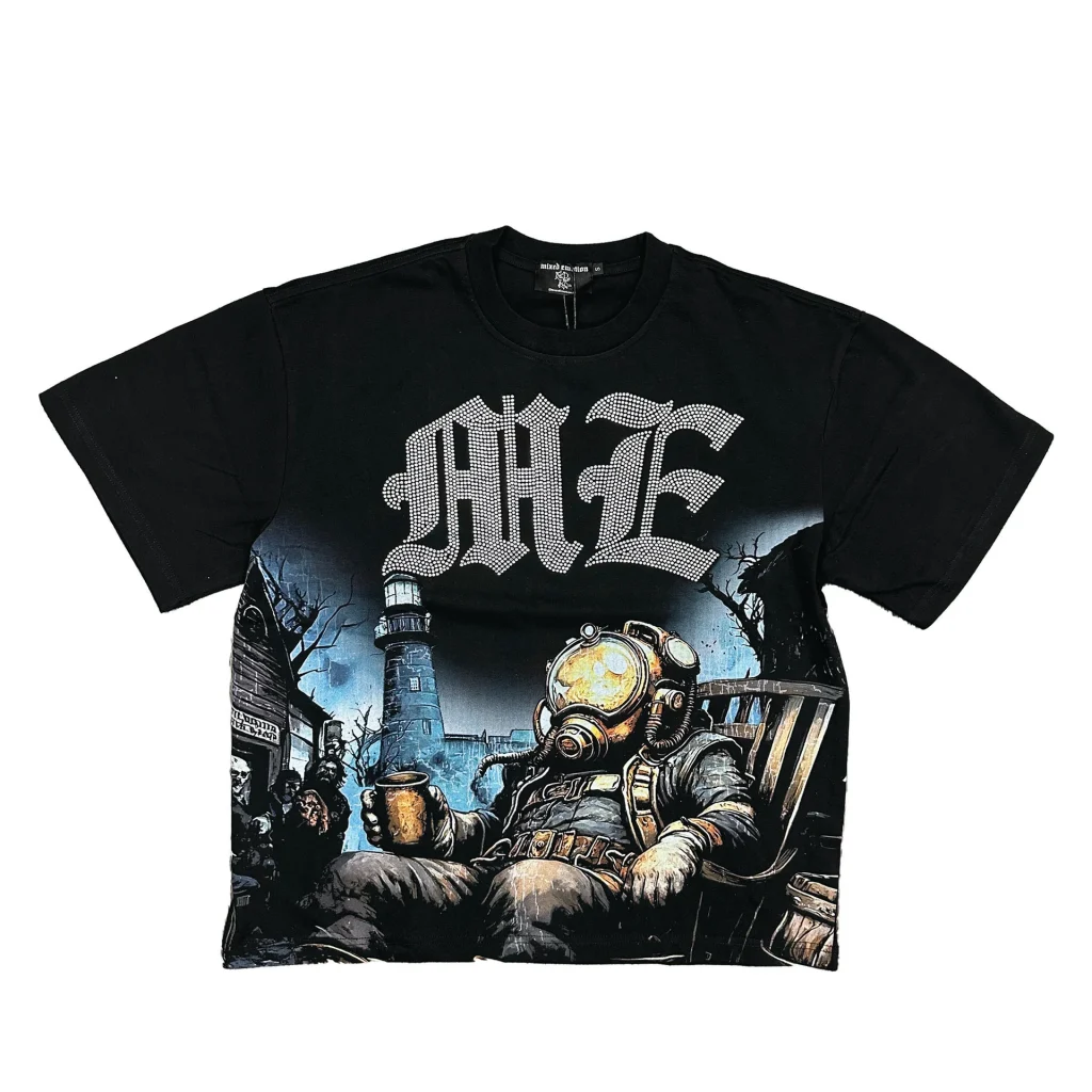 Mixed Emotion T Shirt black Astronaut rhinestone tee