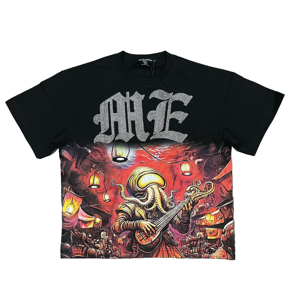 Mixed Emotion T Shirt black Octopus rhinestone tee