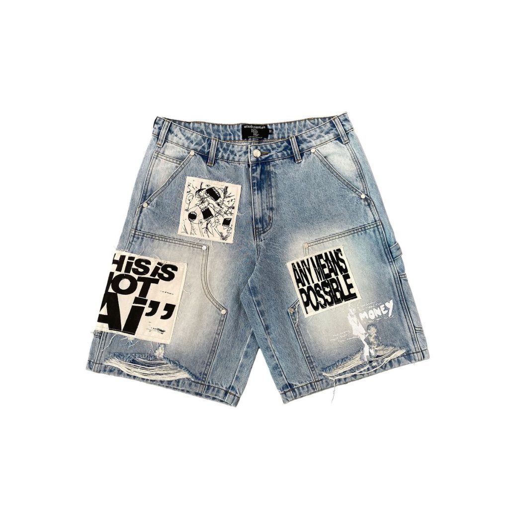 Mixed Emotion Blue AI Denim Shorts "Any Means Possible"
