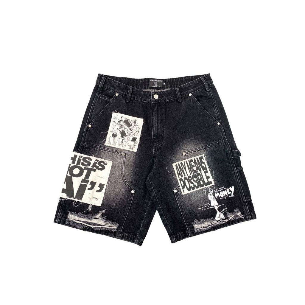 Mixed Emotion Black AI Denim Shorts "Any Means Possible"
