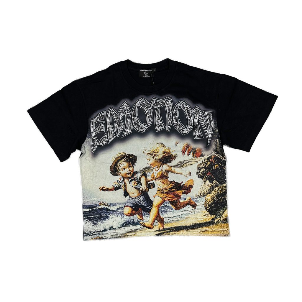 Mixed Emotion Black Seaside Angel Rhinestone Shirt