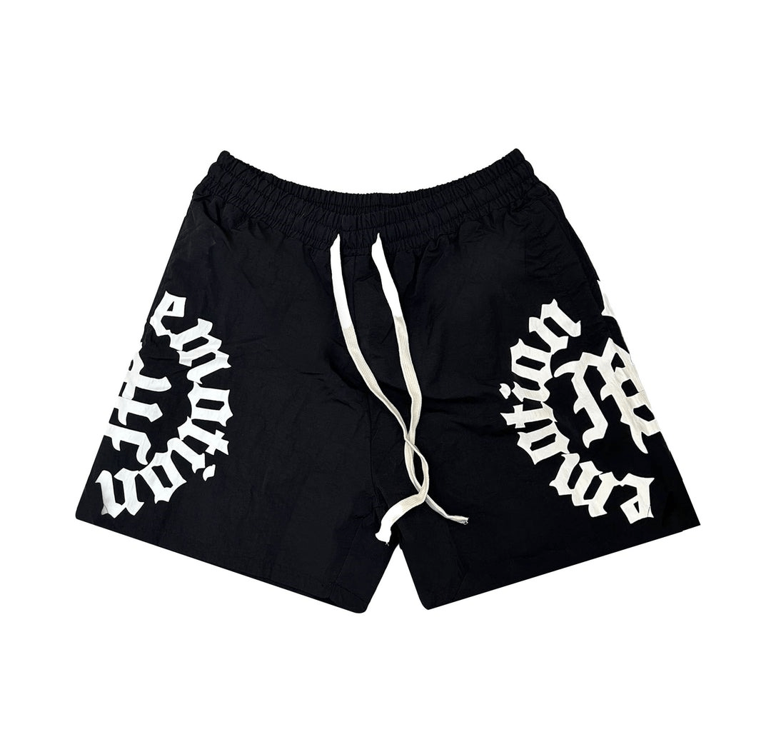 Mixed-Emotion-Brand-Black-Circle-Shorts Mixed Emotion Black Circle Gothic Text Shorts