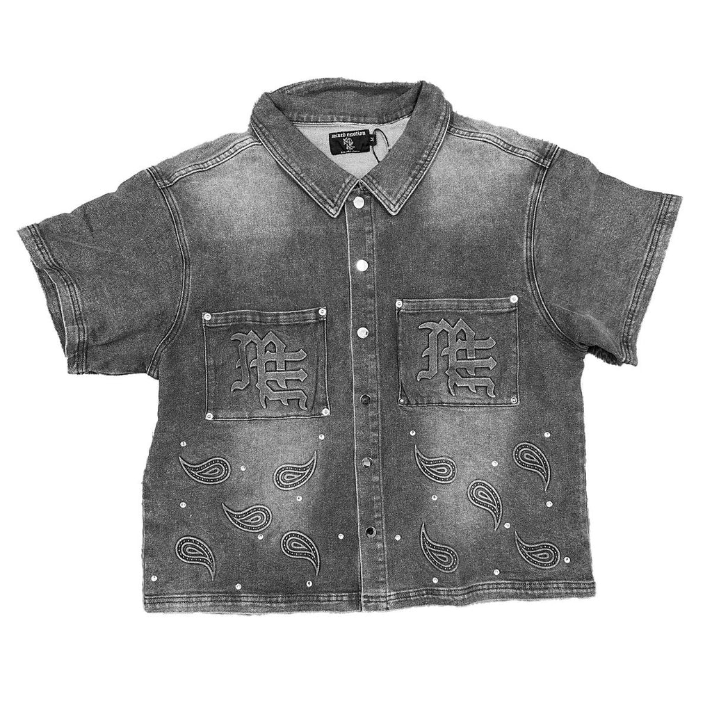 Mixed Emotion Black Paisley Rhinestone Denim Shirt