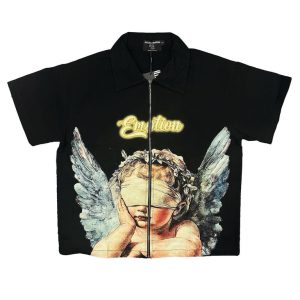 Mixed Emotion Black Blindfolded Angel Zip Shirt