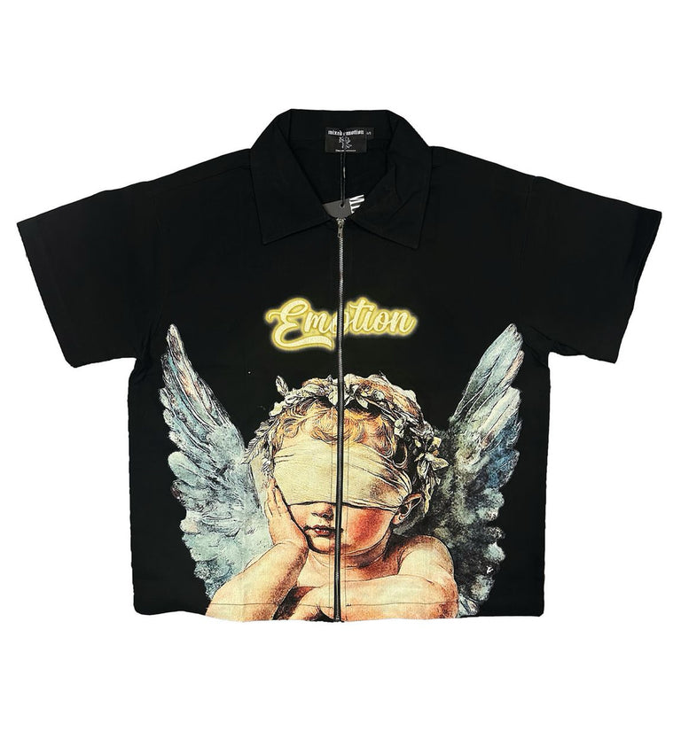 Mixed Emotion Black Blindfolded Angel Zip Shirt