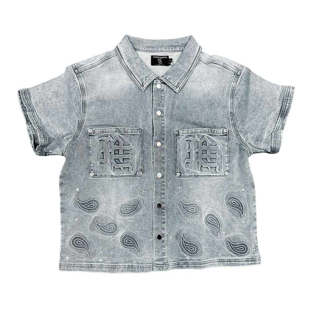 Mixed Emotion Blue Paisley Rhinestone Denim Shirt