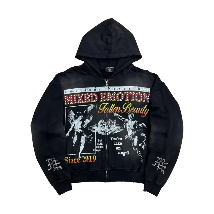 Mixed Emotion Fallen Beauty Angel Black Zip-Up Hoodie