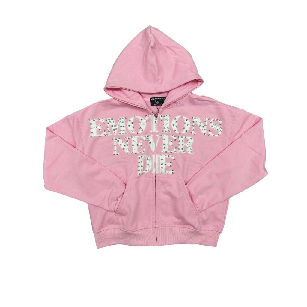Mixed Emotion Emotions Never Die Pink Rhinestone Zip-Up Hoodie
