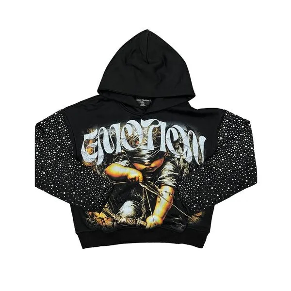 Mixed Emotion Archer Rhinestone Sleeve Black Hoodie