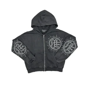 Mixed Emotion Eclipse Grey Acid Wash Rhinestone Hoodie